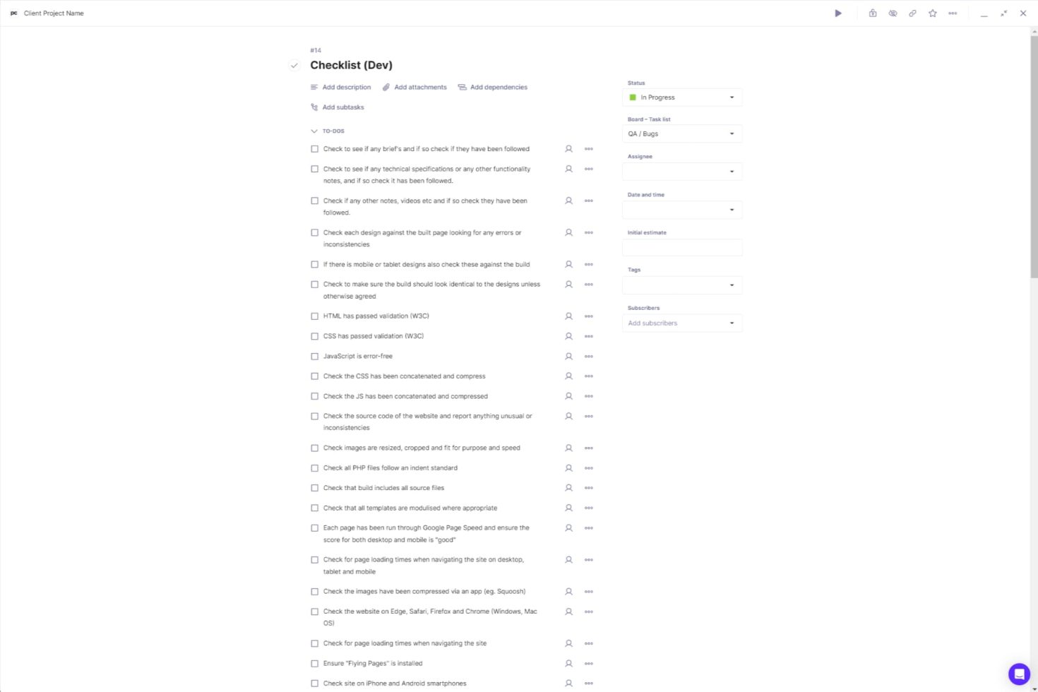 Development checklist in project management system