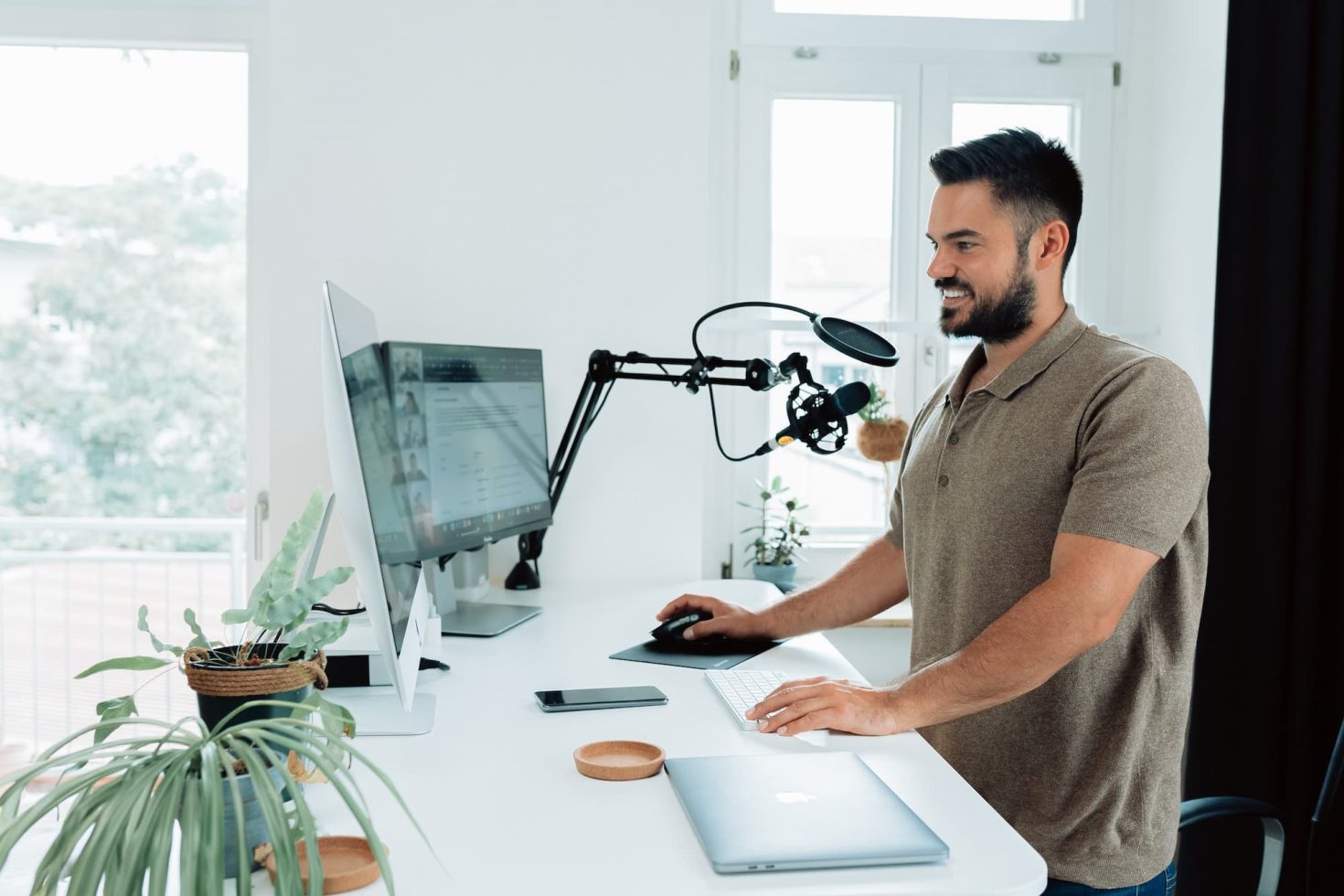Person video calling at a desk